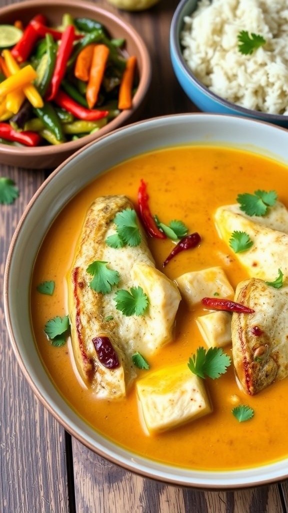 Spicy Sri Lankan Coconut Tilapia Curry A bowl of coconut tilapia curry garnished with cilantro, served with rice and vegetables on a rustic table.